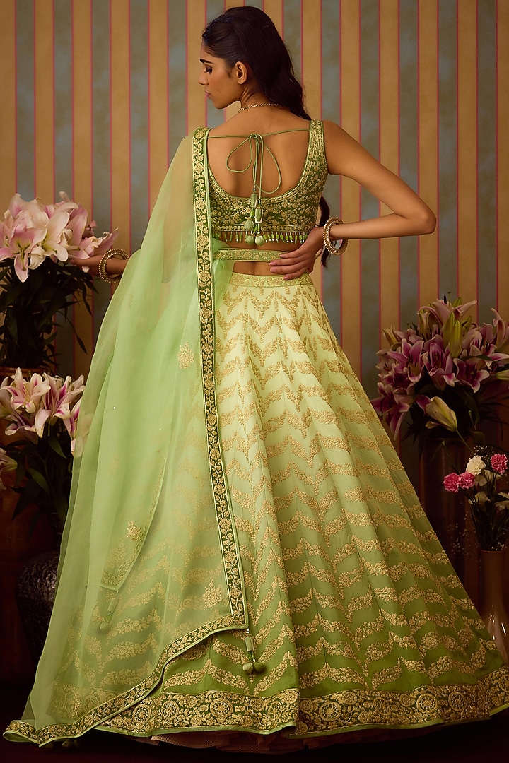 Meadow Green Silk Zari Embroidered Wedding Lehenga Set by Shyam Narayan Prasad at Pernia's Pop Up Shop