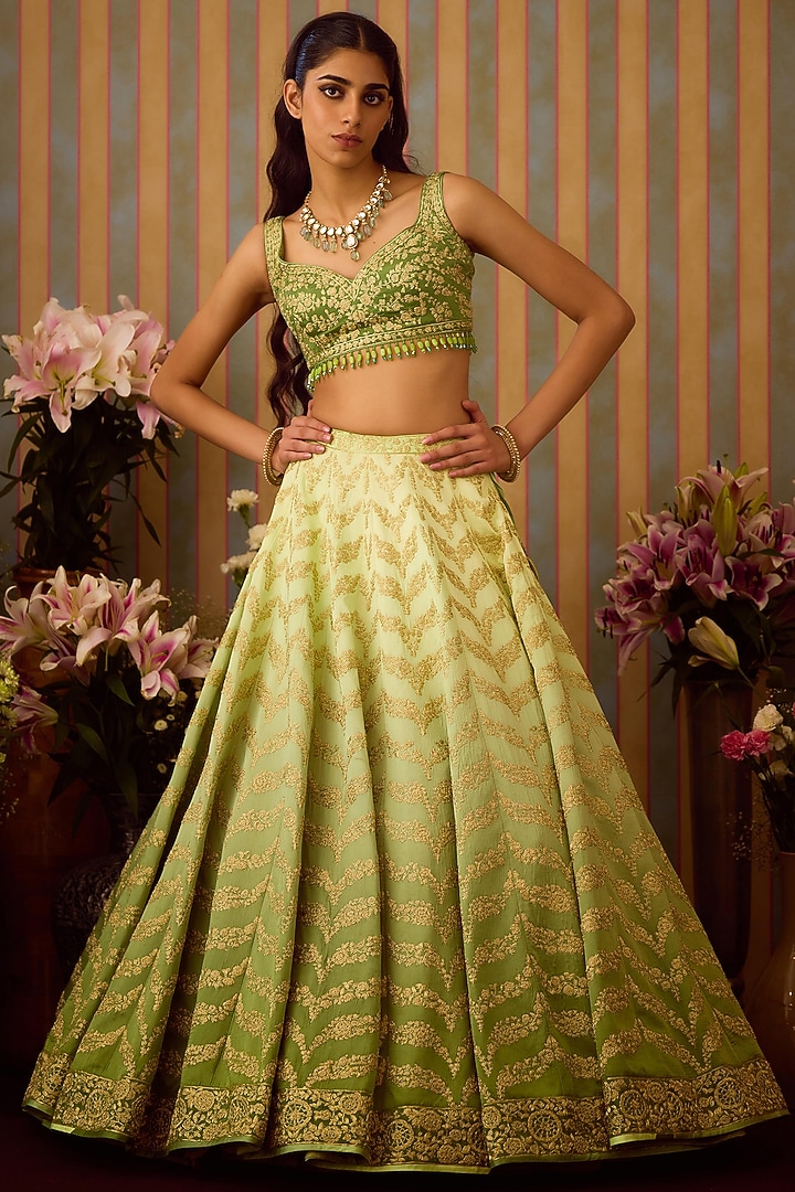 Meadow Green Silk Zari Embroidered Wedding Lehenga Set by Shyam Narayan Prasad at Pernia's Pop Up Shop
