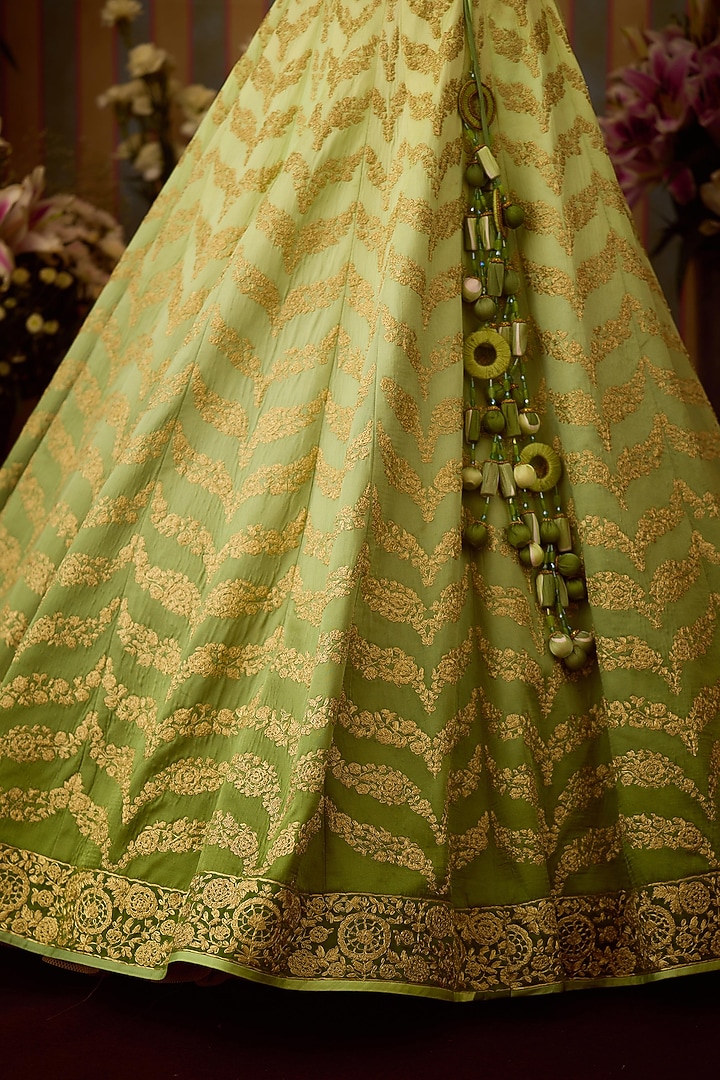 Meadow Green Silk Zari Embroidered Wedding Lehenga Set by Shyam Narayan Prasad at Pernia's Pop Up Shop
