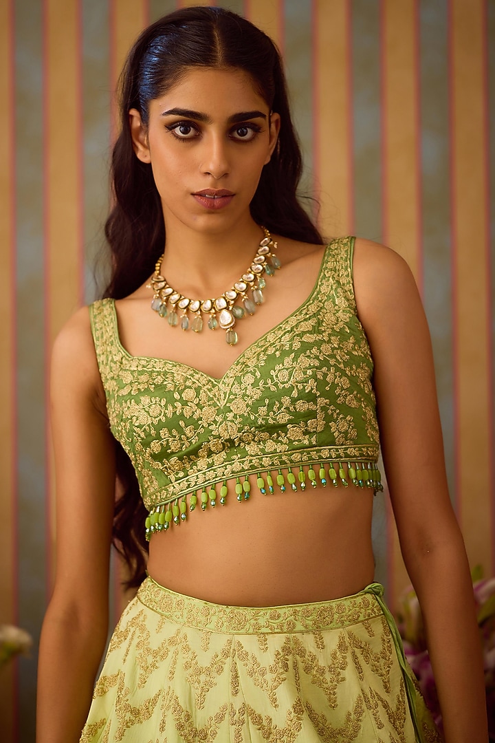 Meadow Green Silk Zari Embroidered Wedding Lehenga Set by Shyam Narayan Prasad at Pernia's Pop Up Shop