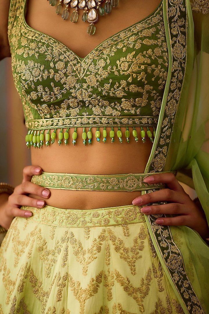 Meadow Green Silk Zari Embroidered Wedding Lehenga Set by Shyam Narayan Prasad at Pernia's Pop Up Shop