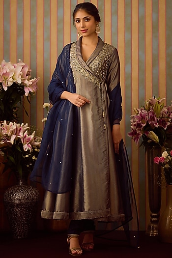 Fine-Stone Blue Brocade Zardosi Embroidered Angrakha Wedding Anarkali Set by Shyam Narayan Prasad at Pernia's Pop Up Shop