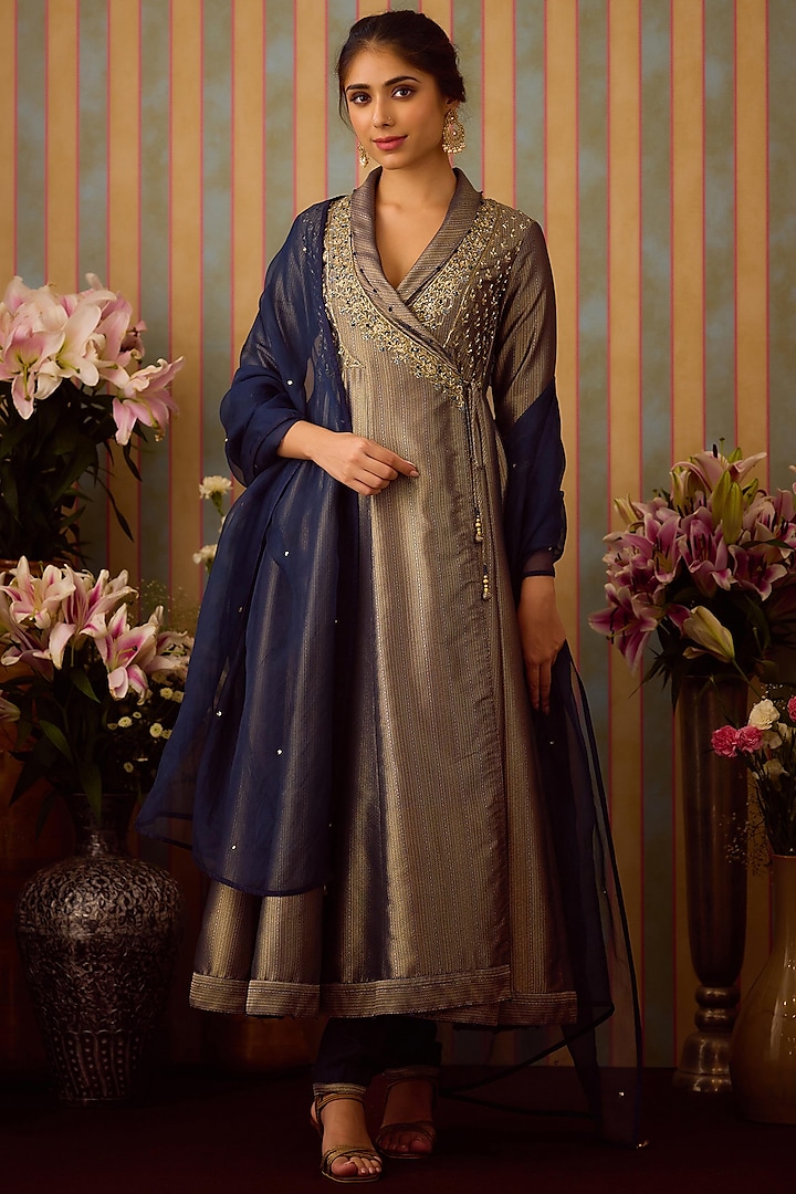 Fine-Stone Blue Brocade Zardosi Embroidered Angrakha Anarkali Set by Shyam Narayan Prasad