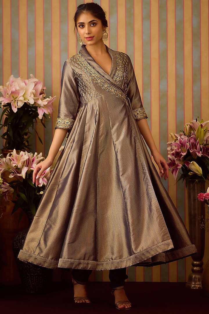 Fine-Stone Blue Brocade Zardosi Embroidered Angrakha Wedding Anarkali Set by Shyam Narayan Prasad at Pernia's Pop Up Shop