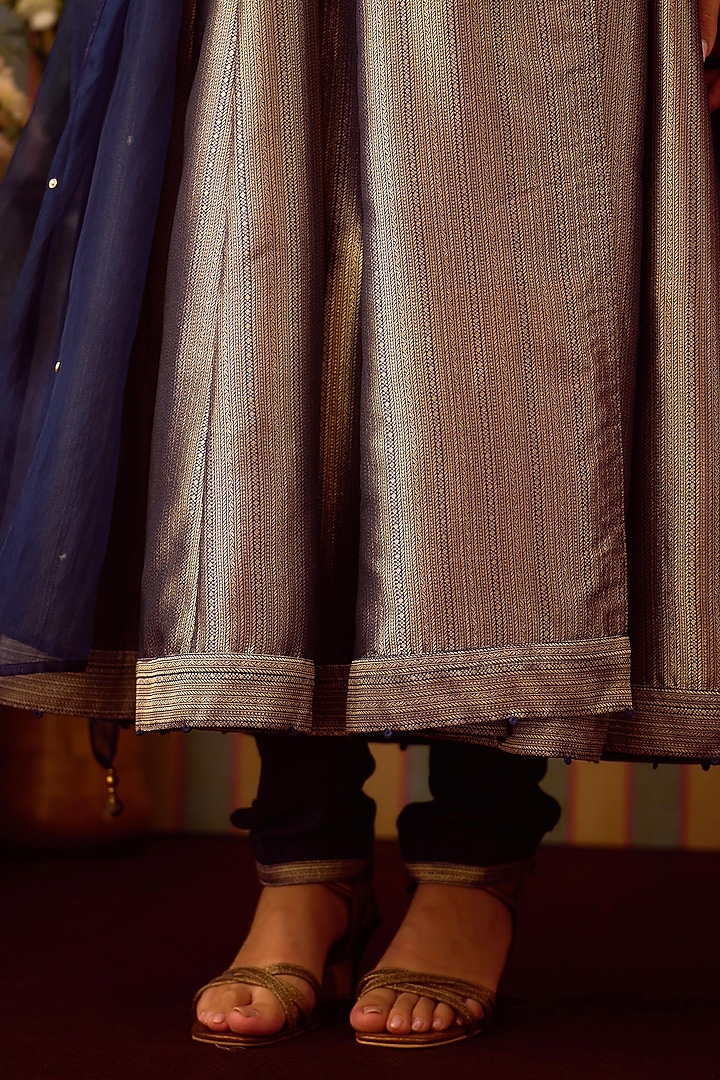 Fine-Stone Blue Brocade Zardosi Embroidered Angrakha Wedding Anarkali Set by Shyam Narayan Prasad at Pernia's Pop Up Shop