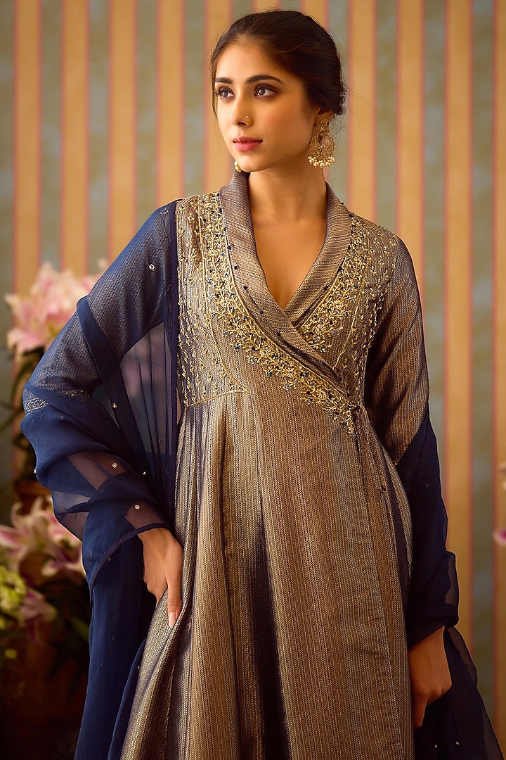 Fine-Stone Blue Brocade Zardosi Embroidered Angrakha Wedding Anarkali Set by Shyam Narayan Prasad at Pernia's Pop Up Shop