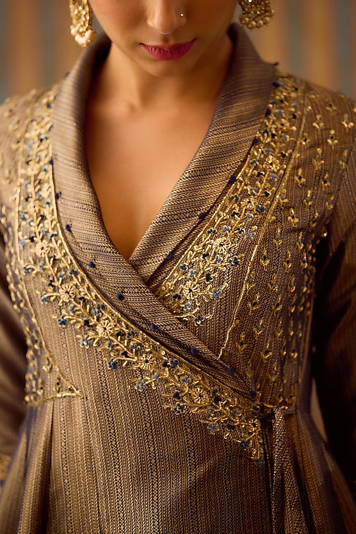 Fine-Stone Blue Brocade Zardosi Embroidered Angrakha Wedding Anarkali Set by Shyam Narayan Prasad at Pernia's Pop Up Shop