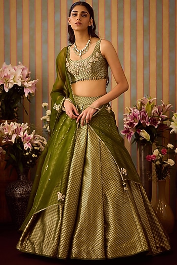 Garden Green Brocade Zardosi Embroidered Wedding Lehenga Set by Shyam Narayan Prasad at Pernia's Pop Up Shop