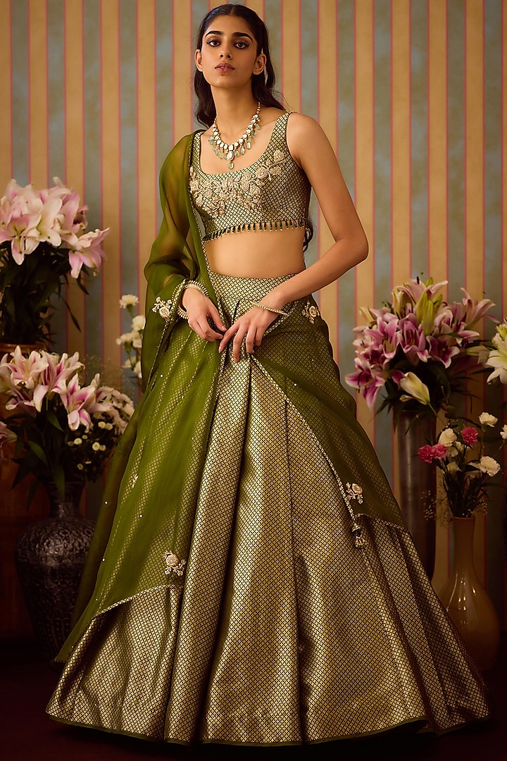 Garden Green Brocade Zardosi Embroidered Lehenga Set by Shyam Narayan Prasad