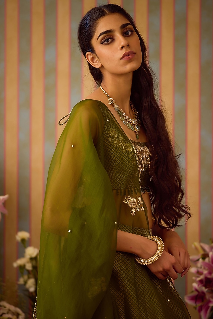 Garden Green Brocade Zardosi Embroidered Wedding Lehenga Set by Shyam Narayan Prasad at Pernia's Pop Up Shop
