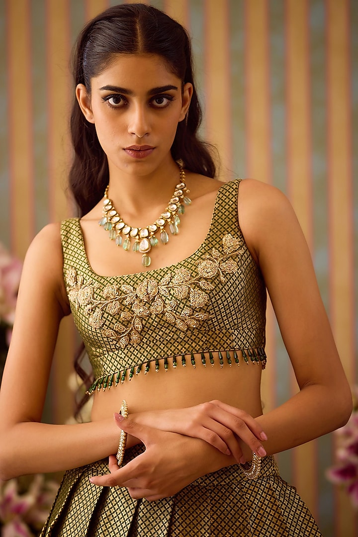 Garden Green Brocade Zardosi Embroidered Wedding Lehenga Set by Shyam Narayan Prasad at Pernia's Pop Up Shop