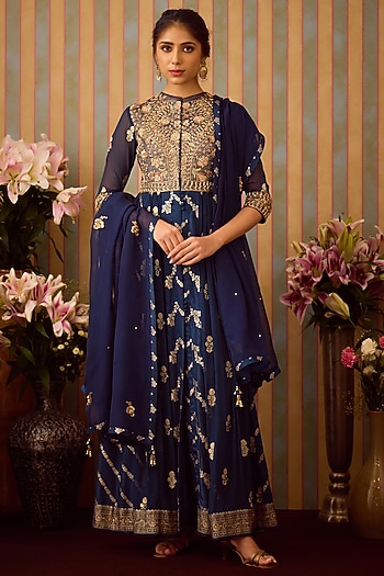 Midnight Blue Brocade Zardosi Embroidered Wedding Anarkali Set by Shyam Narayan Prasad at Pernia's Pop Up Shop