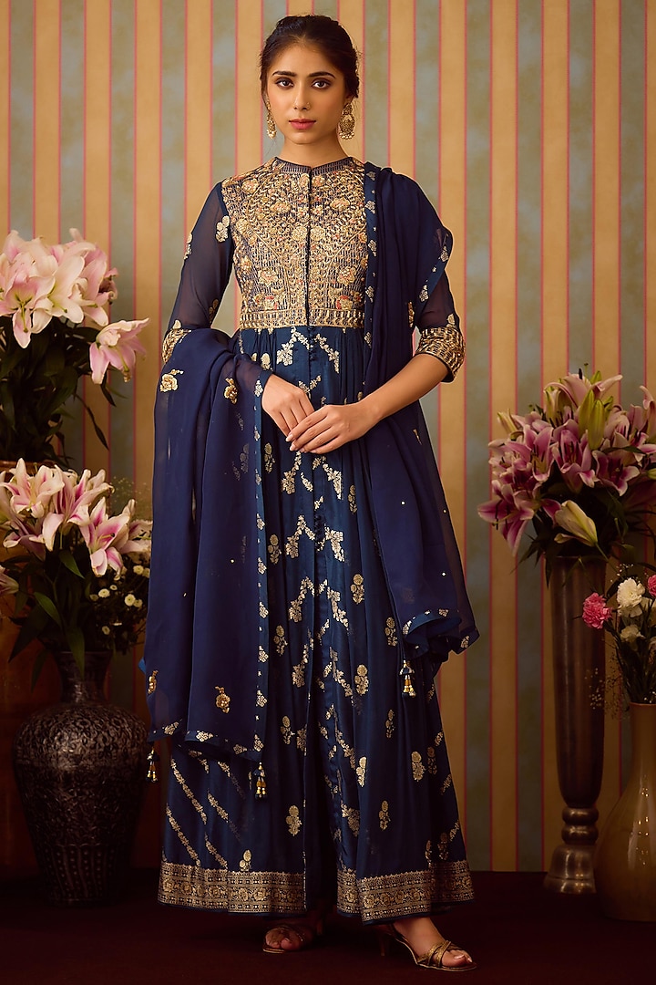 Midnight Blue Brocade Zardosi Embroidered Anarkali Set by Shyam Narayan Prasad