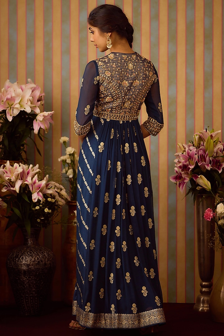 Midnight Blue Brocade Zardosi Embroidered Wedding Anarkali Set by Shyam Narayan Prasad at Pernia's Pop Up Shop