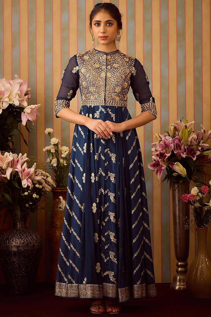 Midnight Blue Brocade Zardosi Embroidered Wedding Anarkali Set by Shyam Narayan Prasad at Pernia's Pop Up Shop