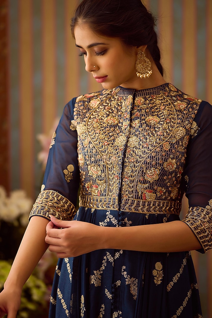 Midnight Blue Brocade Zardosi Embroidered Wedding Anarkali Set by Shyam Narayan Prasad at Pernia's Pop Up Shop