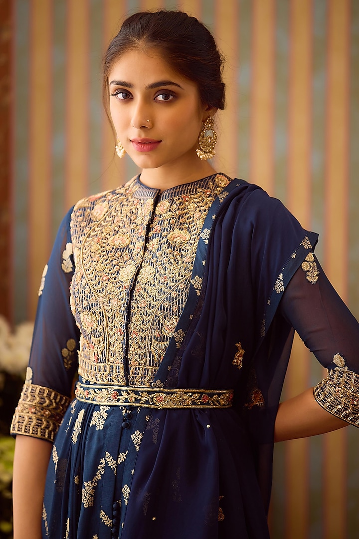 Midnight Blue Brocade Zardosi Embroidered Wedding Anarkali Set by Shyam Narayan Prasad at Pernia's Pop Up Shop