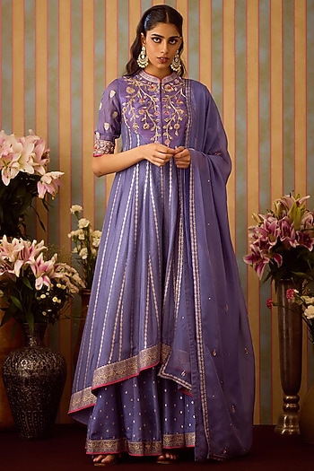 Periwinkle Purple Viscose Brocade Zardosi Embroidered Wedding Anarkali Set by Shyam Narayan Prasad at Pernia's Pop Up Shop