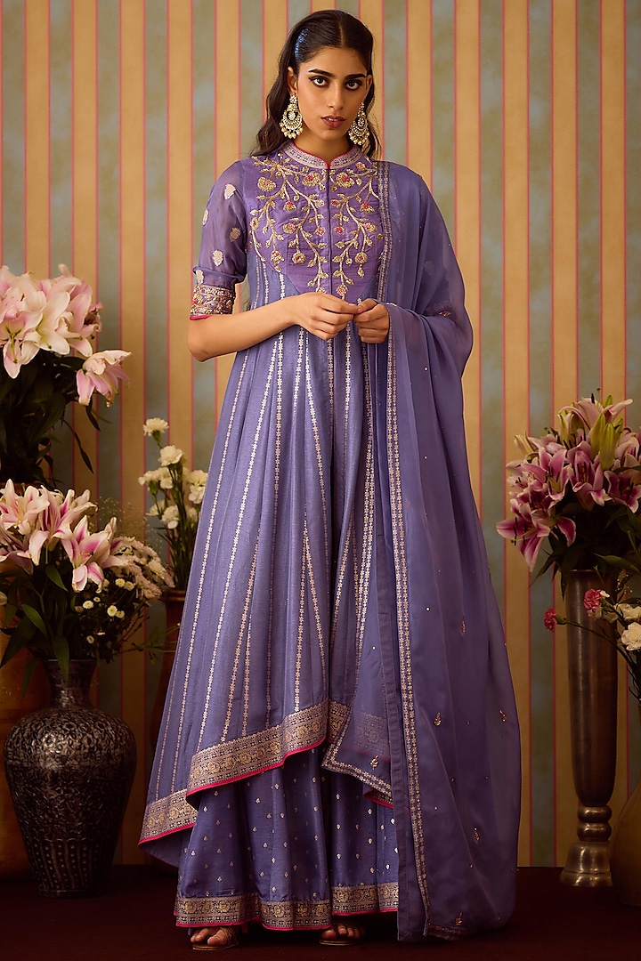 Periwinkle Purple Viscose Brocade Zardosi Embroidered Anarkali Set by Shyam Narayan Prasad at Pernia's Pop Up Shop