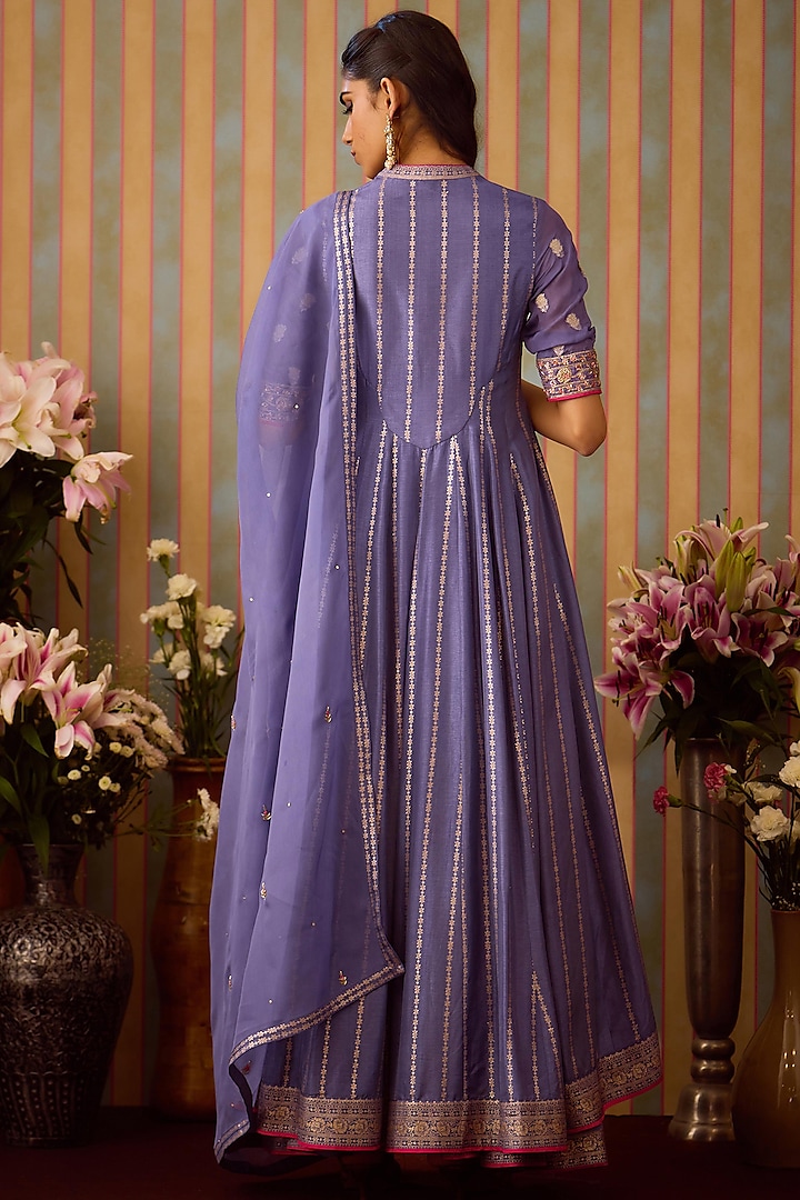 Periwinkle Purple Viscose Brocade Zardosi Embroidered Wedding Anarkali Set by Shyam Narayan Prasad at Pernia's Pop Up Shop