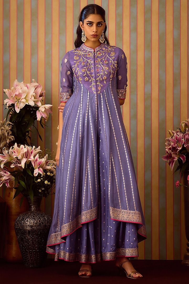 Periwinkle Purple Viscose Brocade Zardosi Embroidered Wedding Anarkali Set by Shyam Narayan Prasad at Pernia's Pop Up Shop