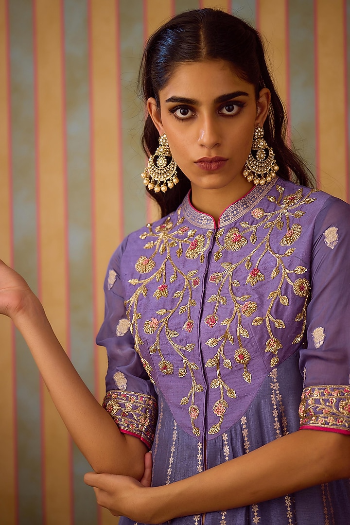 Periwinkle Purple Viscose Brocade Zardosi Embroidered Wedding Anarkali Set by Shyam Narayan Prasad at Pernia's Pop Up Shop