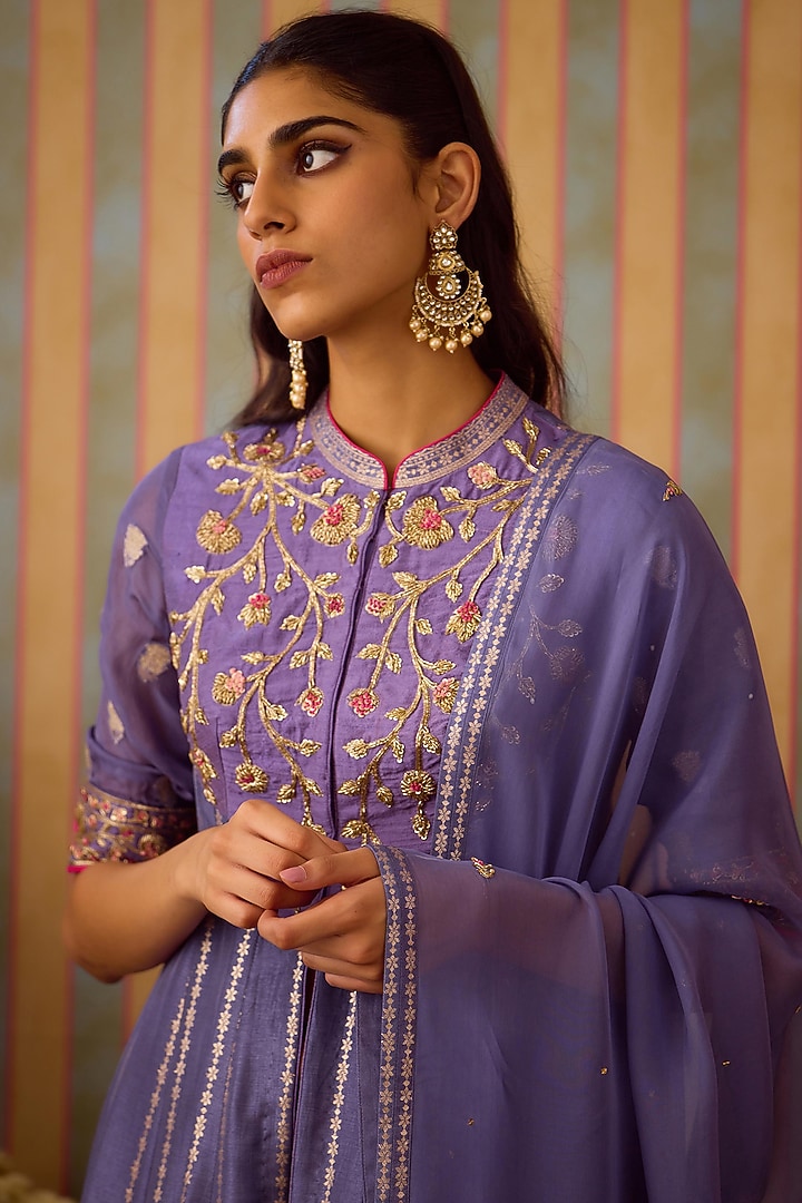 Periwinkle Purple Viscose Brocade Zardosi Embroidered Wedding Anarkali Set by Shyam Narayan Prasad at Pernia's Pop Up Shop