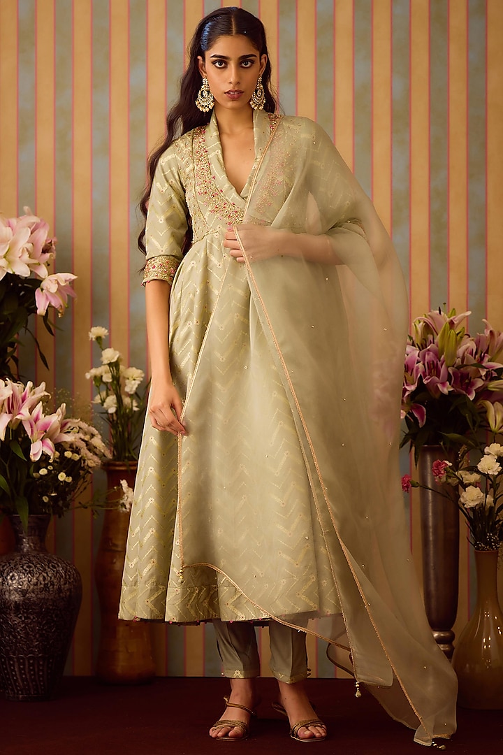 Smoke Green Brocade Zardosi Embroidered Angrakha Anarkali Set by Shyam Narayan Prasad