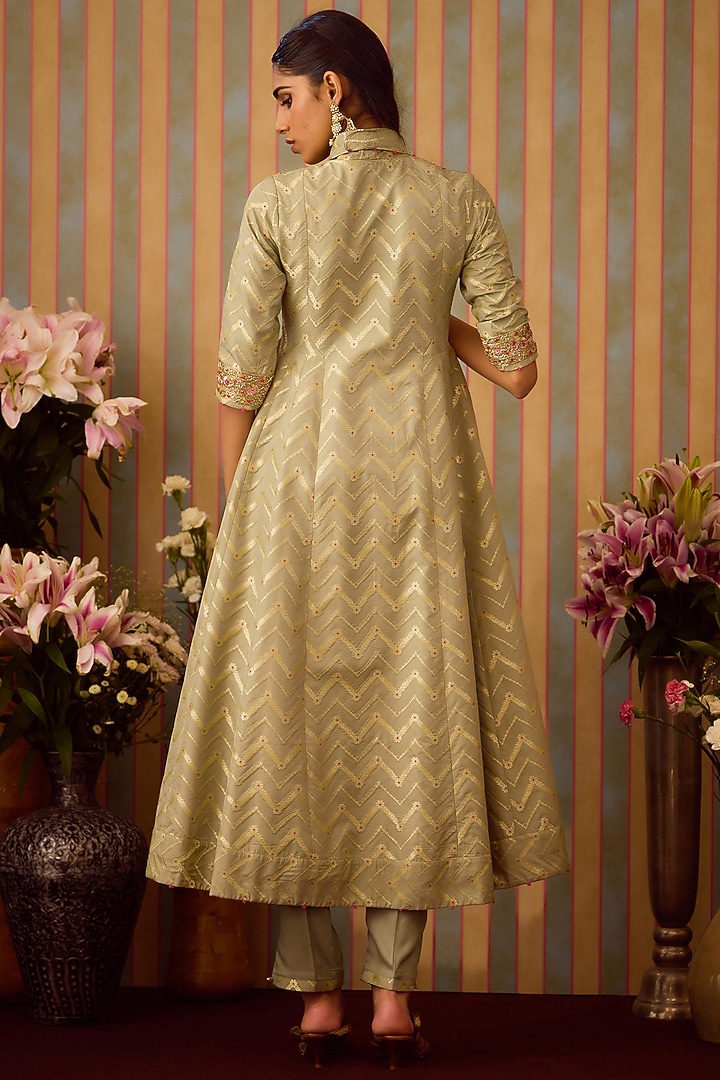 Smoke Green Brocade Zardosi Embroidered Angrakha Wedding Anarkali Set by Shyam Narayan Prasad at Pernia's Pop Up Shop