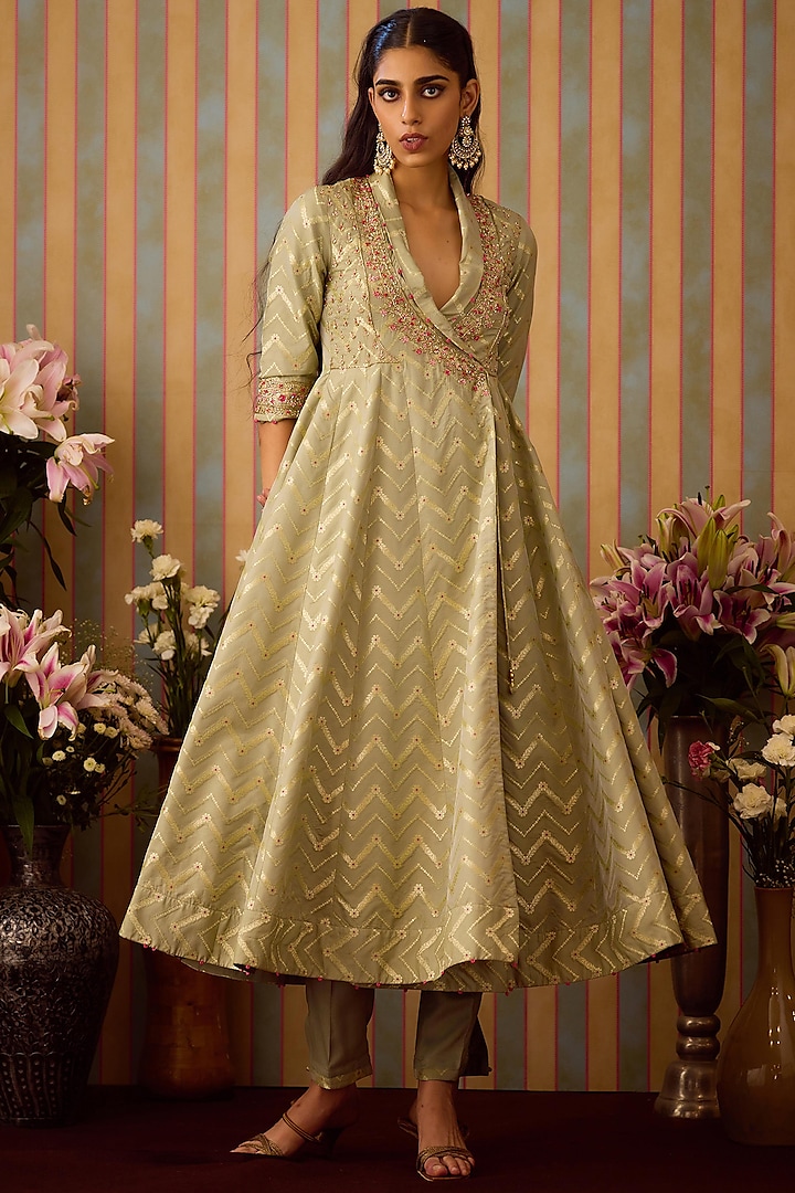 Smoke Green Brocade Zardosi Embroidered Angrakha Wedding Anarkali Set by Shyam Narayan Prasad at Pernia's Pop Up Shop
