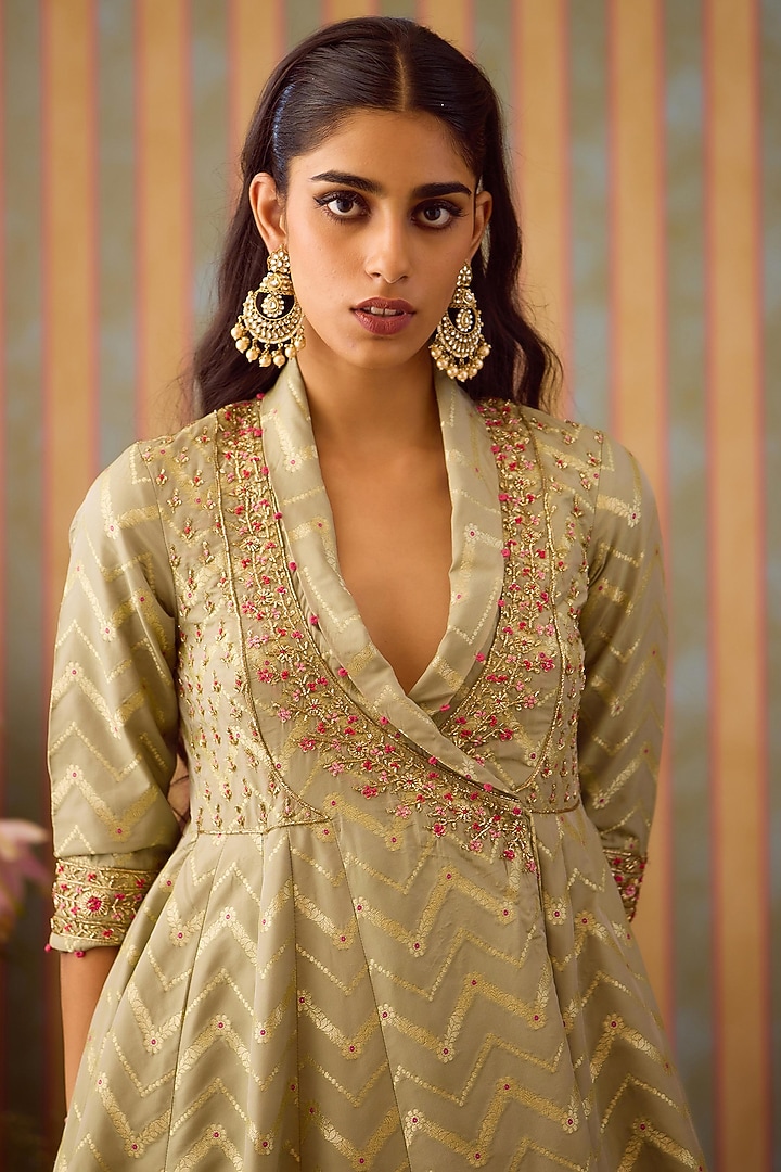 Smoke Green Brocade Zardosi Embroidered Angrakha Wedding Anarkali Set by Shyam Narayan Prasad at Pernia's Pop Up Shop