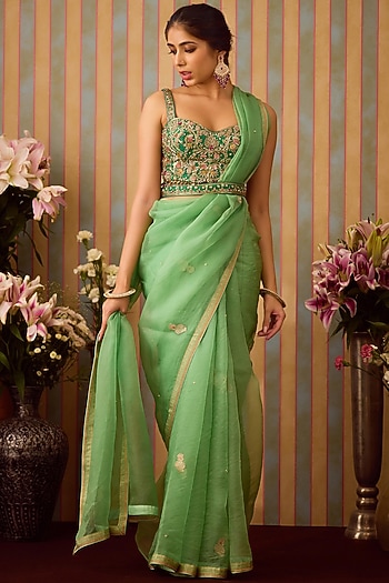 Arcadia Green Brocade & Organza Zardosi Embroidered Wedding Saree Set by Shyam Narayan Prasad at Pernia's Pop Up Shop