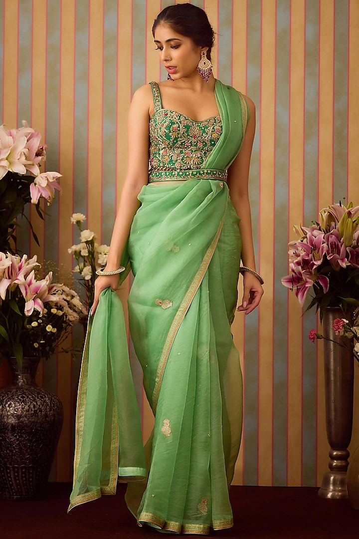 Arcadia Green Brocade & Organza Zardosi Embroidered Saree Set by Shyam Narayan Prasad