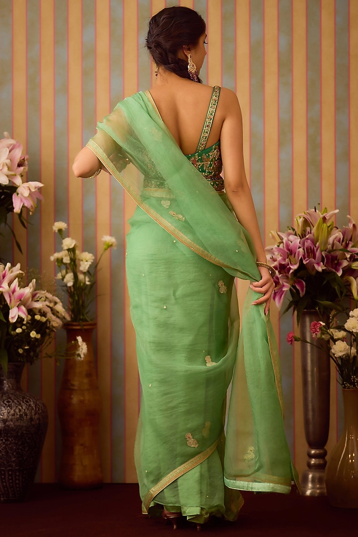 Arcadia Green Brocade & Organza Zardosi Embroidered Wedding Saree Set by Shyam Narayan Prasad at Pernia's Pop Up Shop