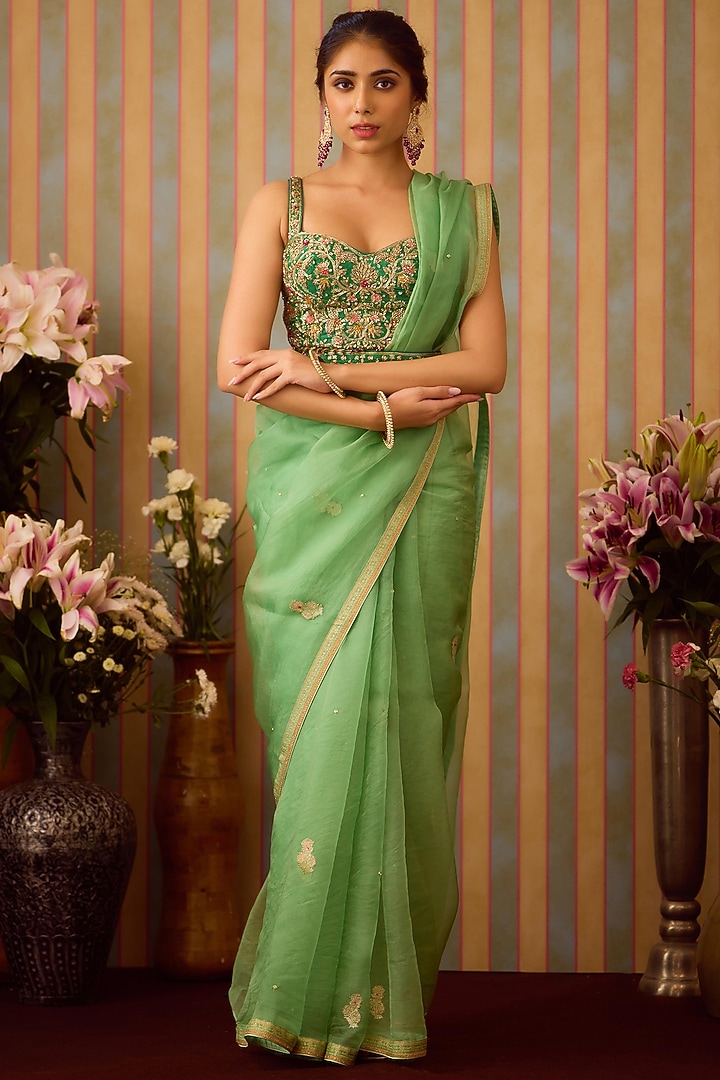 Arcadia Green Brocade & Organza Zardosi Embroidered Wedding Saree Set by Shyam Narayan Prasad at Pernia's Pop Up Shop