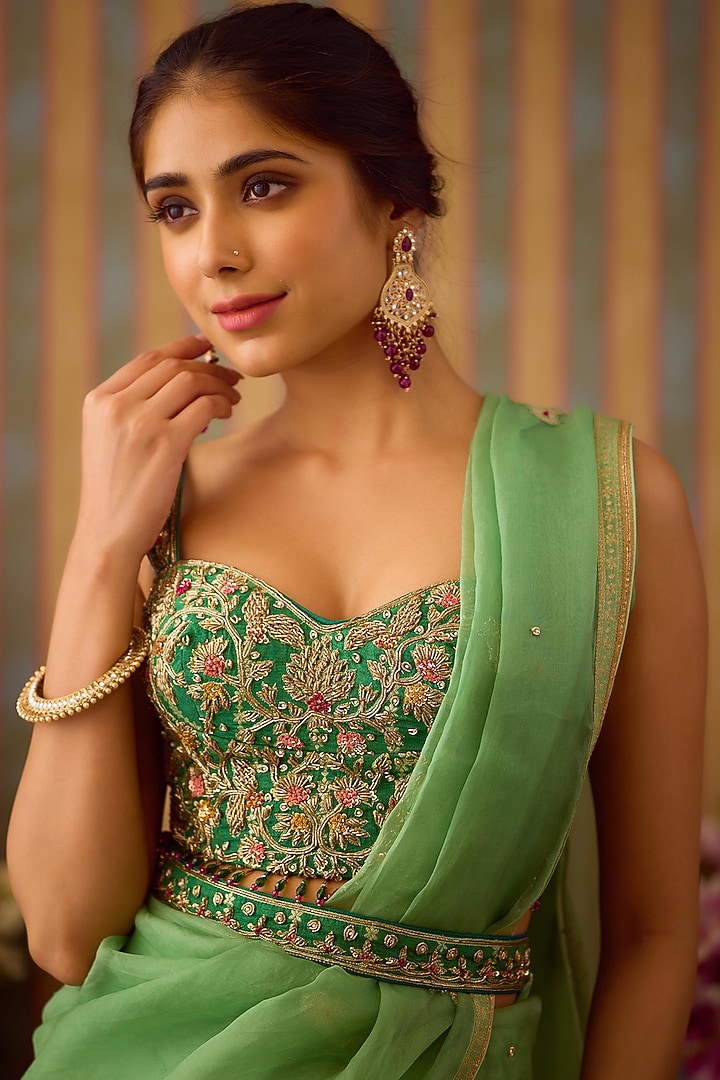 Arcadia Green Brocade & Organza Zardosi Embroidered Wedding Saree Set by Shyam Narayan Prasad at Pernia's Pop Up Shop