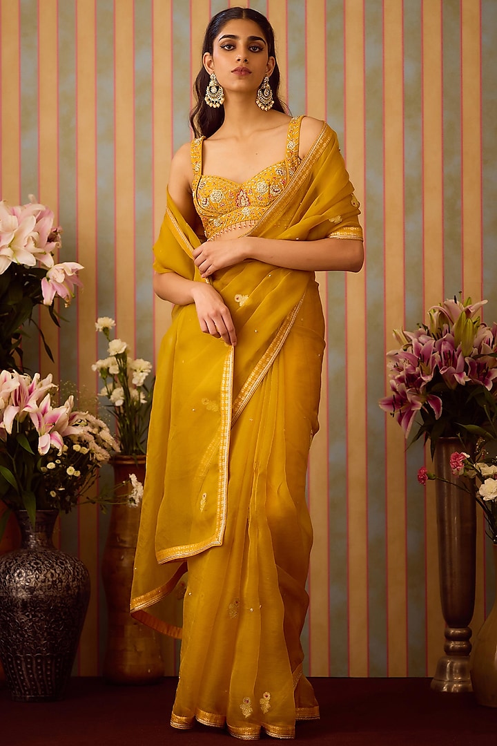 Mustard Yellow Brocade & Organza Zardosi Embroidered Saree Set by Shyam Narayan Prasad