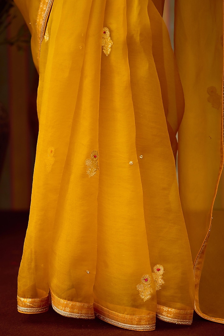 Mustard Yellow Brocade & Organza Zardosi Embroidered Wedding Saree Set by Shyam Narayan Prasad at Pernia's Pop Up Shop