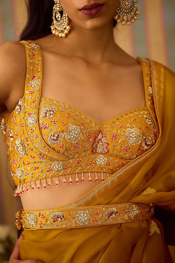 Mustard Yellow Brocade & Organza Zardosi Embroidered Wedding Saree Set by Shyam Narayan Prasad at Pernia's Pop Up Shop