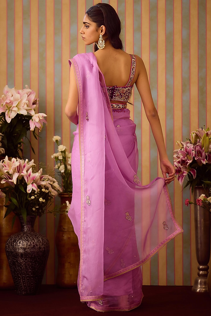 Orchid Lilac Brocade & Organza Zardosi Embroidered Wedding Saree Set by Shyam Narayan Prasad at Pernia's Pop Up Shop