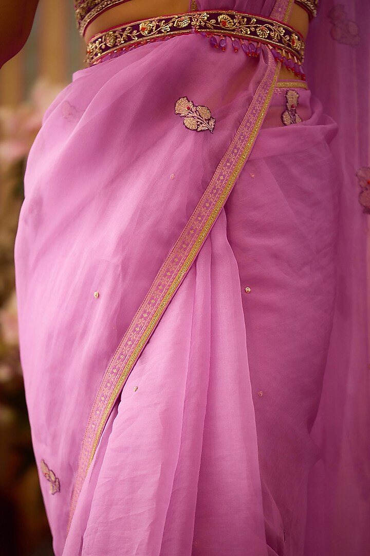 Orchid Lilac Brocade & Organza Zardosi Embroidered Wedding Saree Set by Shyam Narayan Prasad at Pernia's Pop Up Shop