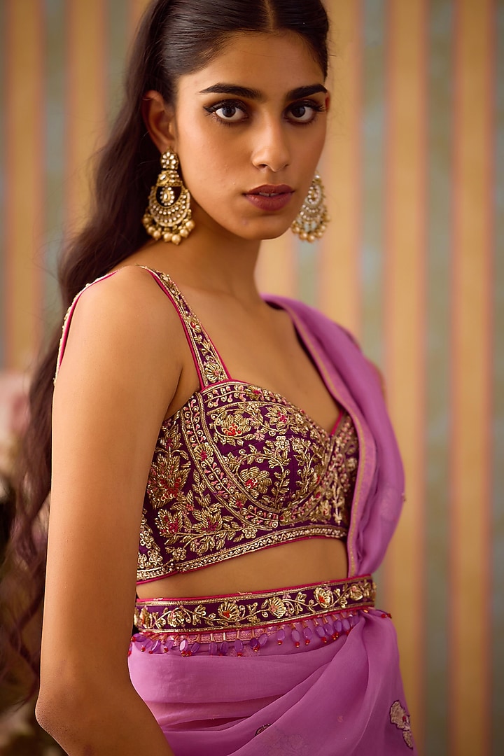 Orchid Lilac Brocade & Organza Zardosi Embroidered Wedding Saree Set by Shyam Narayan Prasad at Pernia's Pop Up Shop