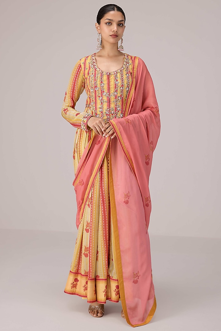 Yellow & Pink Dola Silk Printed Party Wear Anarkali Set by Shyam Narayan Prasad at Pernia's Pop Up Shop