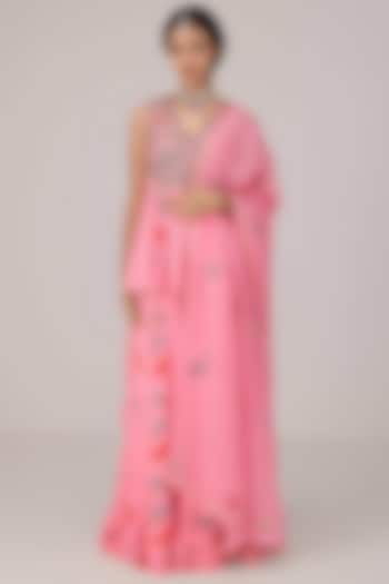 Coral Pink Dola Silk Printed Party Wear Sharara Set by Shyam Narayan Prasad at Pernia's Pop Up Shop