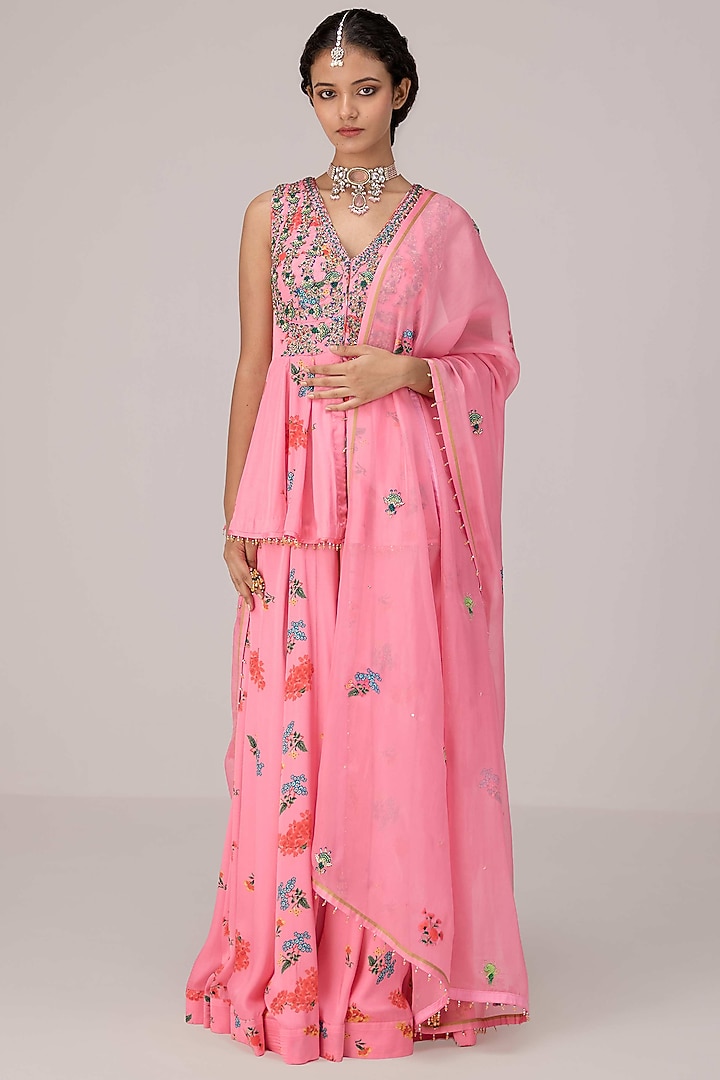 Coral Pink Dola Silk Printed Party Wear Sharara Set by Shyam Narayan Prasad at Pernia's Pop Up Shop