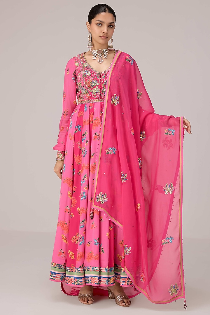 Pink Dola Silk Zardosi Embroidered Wedding Anarkali Set by Shyam Narayan Prasad at Pernia's Pop Up Shop
