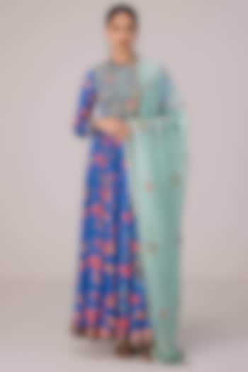 Royal Blue Dola Silk Zardosi Embroidered Wedding Anarkali Set by Shyam Narayan Prasad at Pernia's Pop Up Shop
