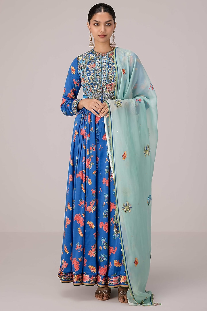 Royal Blue Dola Silk Zardosi Embroidered Wedding Anarkali Set by Shyam Narayan Prasad at Pernia's Pop Up Shop