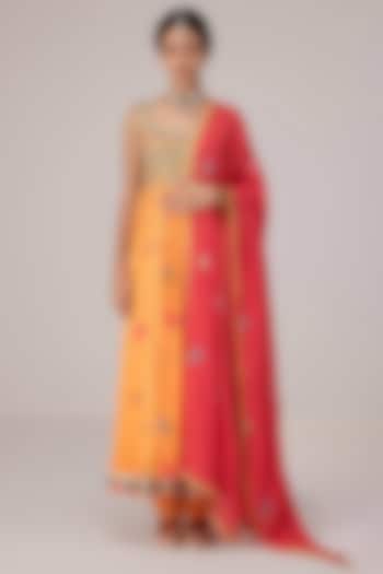 Sunset Orange Dola Silk Printed Wedding Anarkali Set by Shyam Narayan Prasad at Pernia's Pop Up Shop