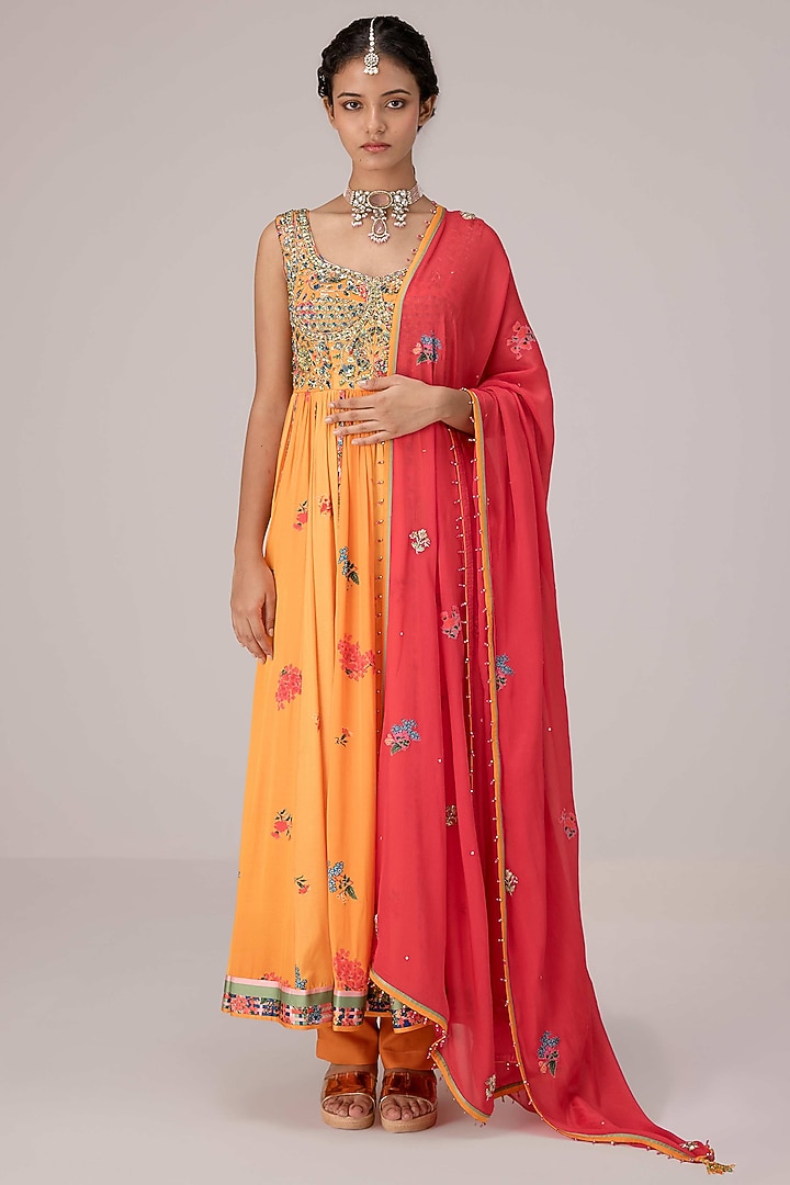 Sunset Orange Dola Silk Printed Wedding Anarkali Set by Shyam Narayan Prasad at Pernia's Pop Up Shop